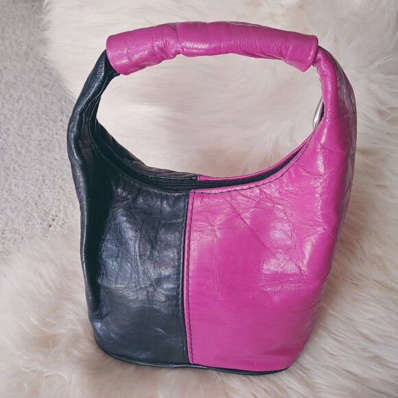 Custom Made Half Black and Half Pink-Purple / Fuchsia Leather Mini Handb… - Picture 3 of 14